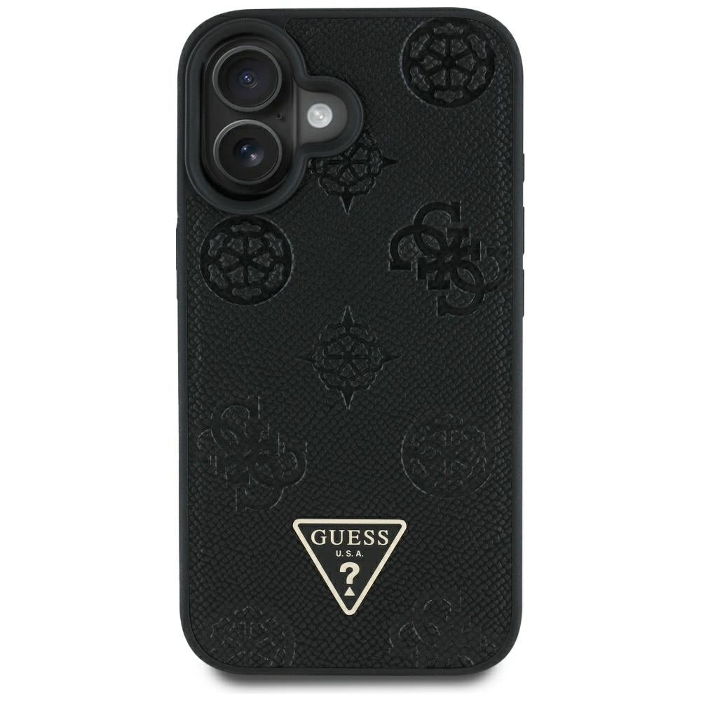 Калъф MagSafe за Apple iPhone 16, Guess, Peony Grained Hot Stamp Triangle, Черен