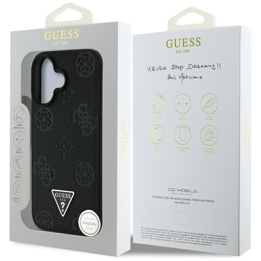 Калъф MagSafe за Apple iPhone 16, Guess, Peony Grained Hot Stamp Triangle, Черен
