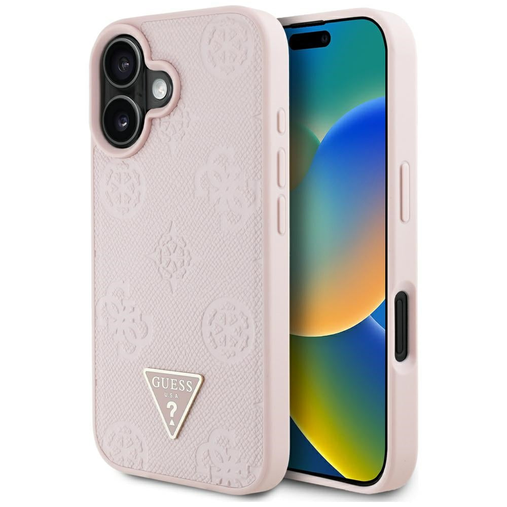 Калъф MagSafe за Apple iPhone 16, Guess, Peony Grained Hot Stamp Triangle, Розов