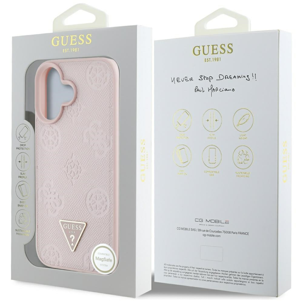 Калъф MagSafe за Apple iPhone 16, Guess, Peony Grained Hot Stamp Triangle, Розов