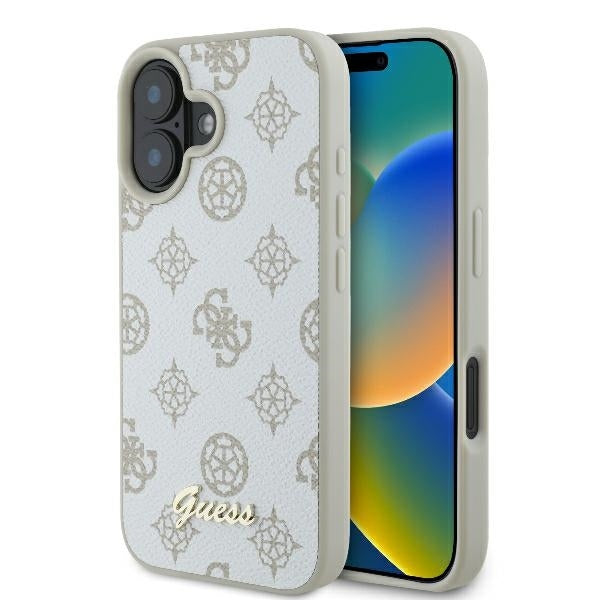 Калъф MagSafe за Apple iPhone 16, Guess, Peony Script, Бял