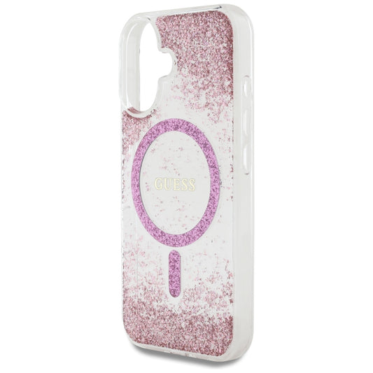 Калъф MagSafe за Apple iPhone 16, Guess, Resin Bottom Glitter, Розов