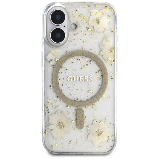 Калъф MagSafe за Apple iPhone 16, Guess, Resin Flowers and Glitter, Бежов