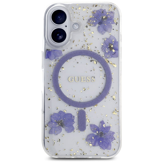 Калъф MagSafe за Apple iPhone 16, Guess, Resin Flowers and Glitter, Лилав