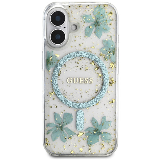 Калъф MagSafe за Apple iPhone 16, Guess, Resin Flowers and Glitter, Тюркоаз