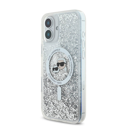 Калъф MagSafe за Apple iPhone 16, Karl Lagerfeld, Glitter Liquid Karl & Choupette' s Heads, Прозрачен