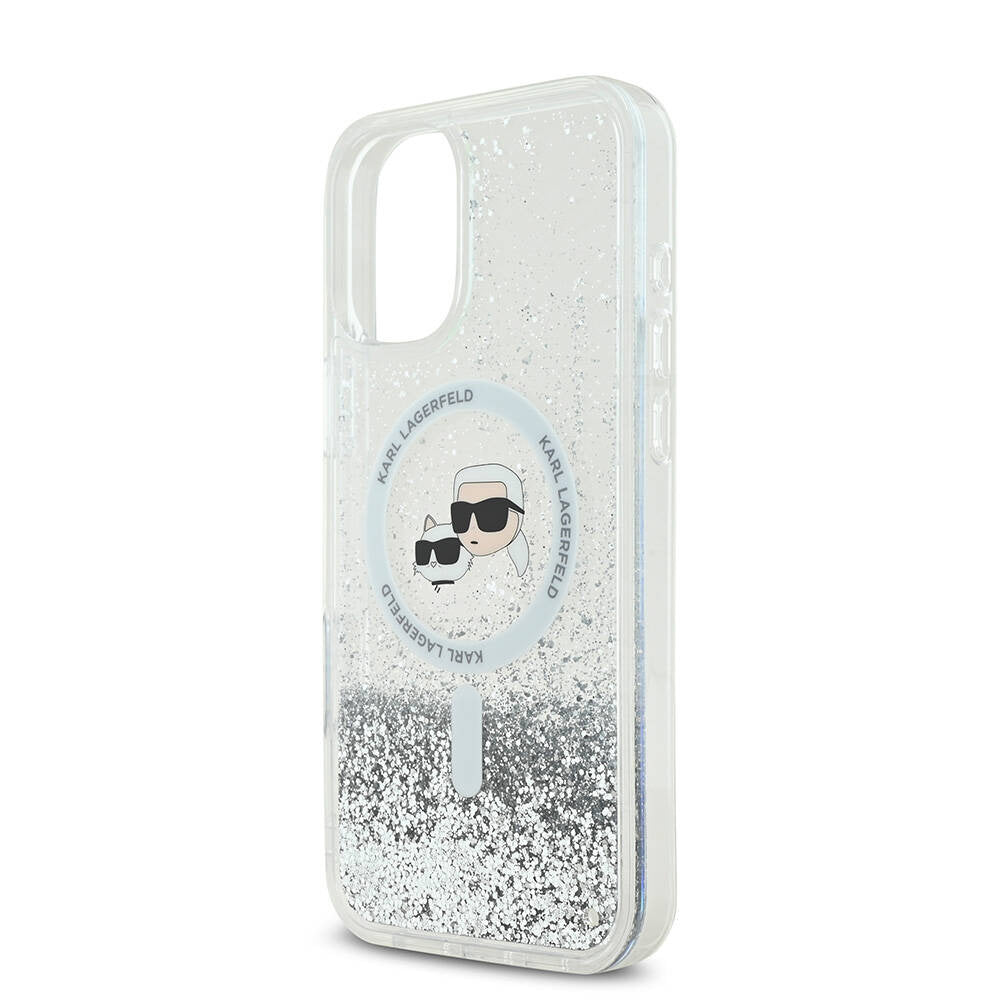 Калъф MagSafe за Apple iPhone 16, Karl Lagerfeld, Glitter Liquid Karl & Choupette' s Heads, Прозрачен