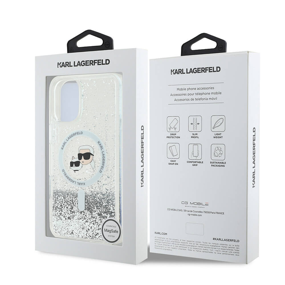 Калъф MagSafe за Apple iPhone 16, Karl Lagerfeld, Glitter Liquid Karl & Choupette' s Heads, Прозрачен
