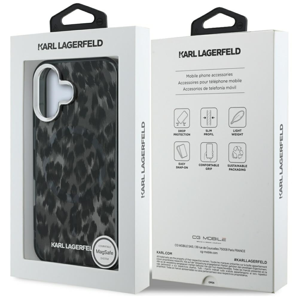 Калъф MagSafe за Apple iPhone 16, Karl Lagerfeld, IML Leopard Pattern, Черен