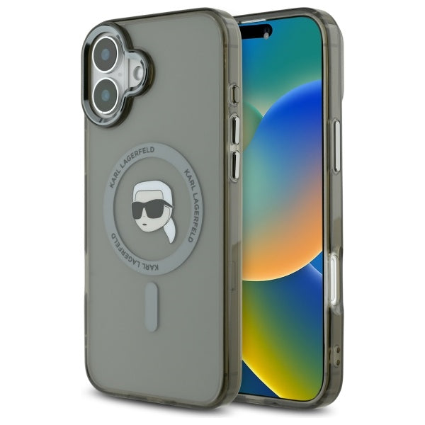 Калъф MagSafe за Apple iPhone 16, Karl Lagerfeld, IML Metal Karl's Head, Черен