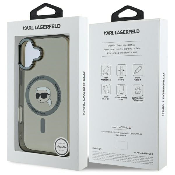 Калъф MagSafe за Apple iPhone 16, Karl Lagerfeld, IML Metal Karl's Head, Черен