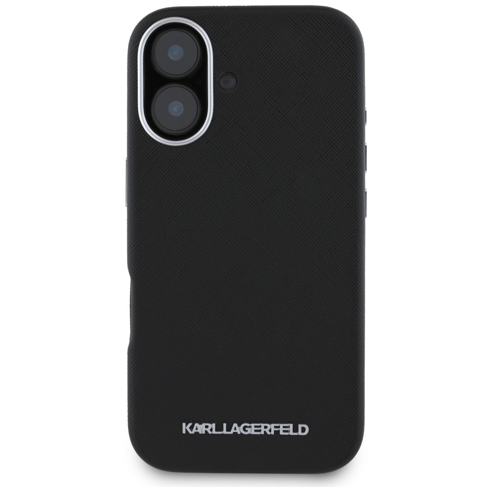 Калъф MagSafe за Apple iPhone 16, Karl Lagerfeld, Saffiano Full Wrapped Elongated Metal Logo, Черен