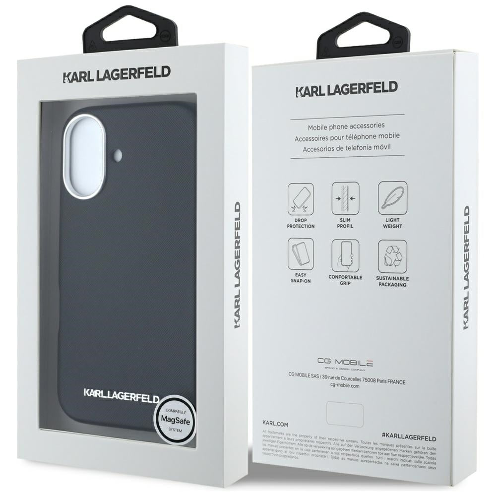 Калъф MagSafe за Apple iPhone 16, Karl Lagerfeld, Saffiano Full Wrapped Elongated Metal Logo, Черен