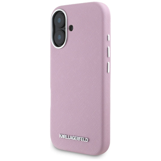 Калъф MagSafe за Apple iPhone 16, Karl Lagerfeld, Saffiano Full Wrapped Elongated Metal Logo, Розов