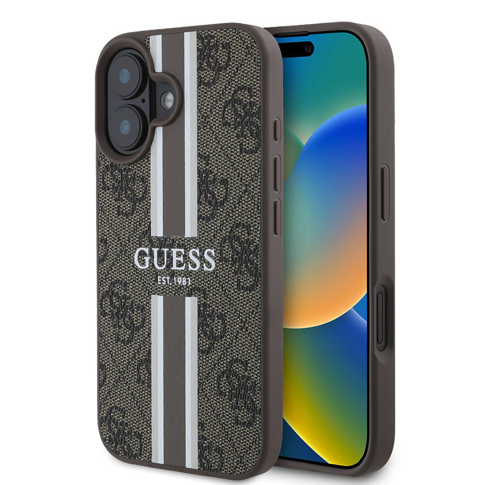 Калъф MagSafe за Apple iPhone 16 Plus, Guess, 4G Printed Stripes, Кафяв