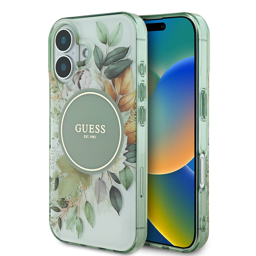 Калъф MagSafe за Apple iPhone 16 Plus, Guess, IML Flower & Tonal Circle, Зелен