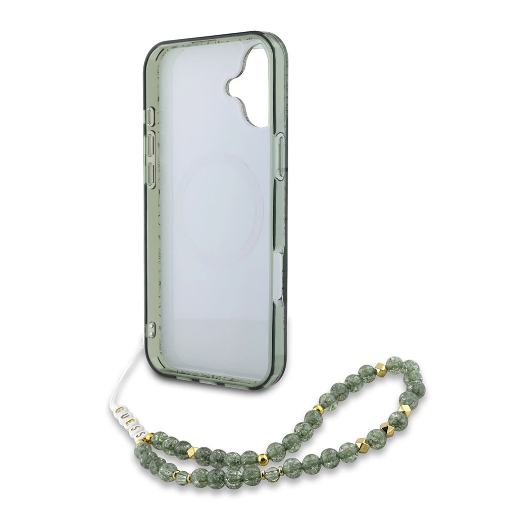 MagSafe Case for Apple iPhone 16 Plus, Guess, IML Flowers Allover Electroplated with Pearl Strap, Green