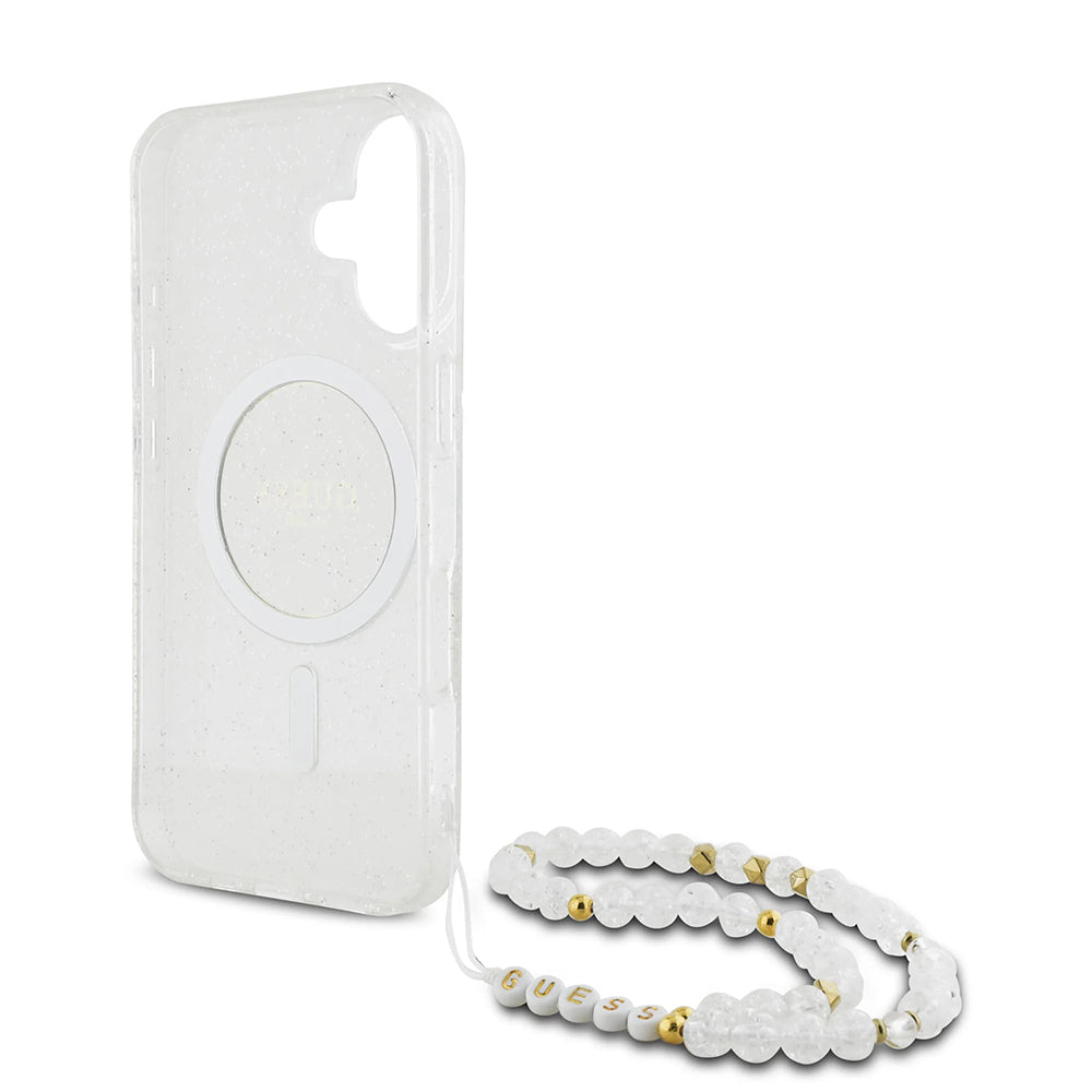 Калъф MagSafe за Apple iPhone 16 Plus, Guess, IML Glitter with Pearl Strap, Прозрачен