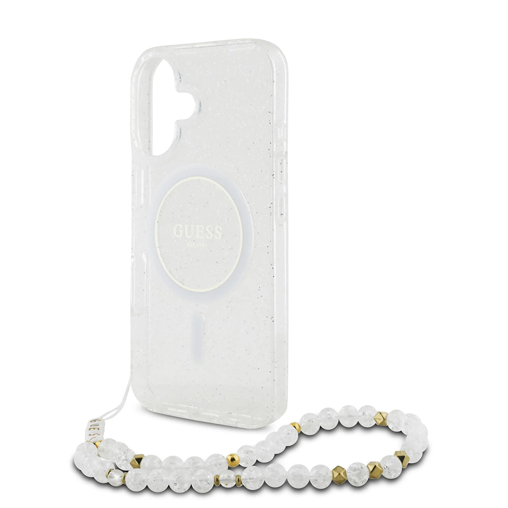 Калъф MagSafe за Apple iPhone 16 Plus, Guess, IML Glitter with Pearl Strap, Прозрачен