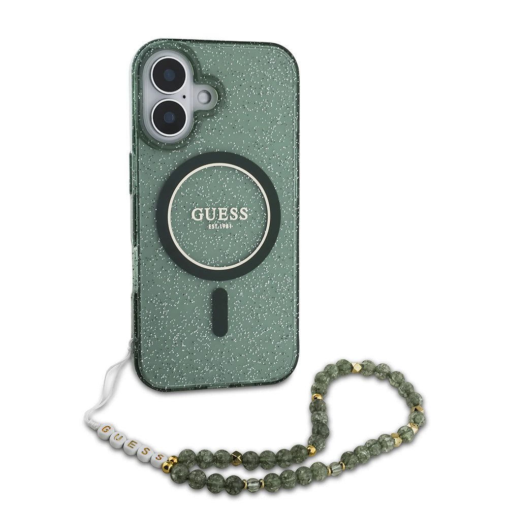 Калъф MagSafe за Apple iPhone 16 Plus, Guess, IML Glitter with Pearl Strap, Зелен