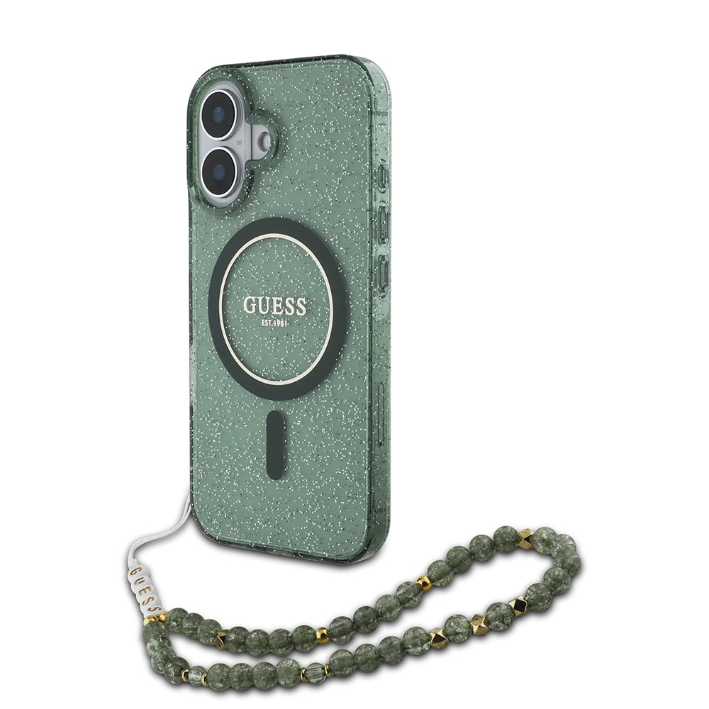 Калъф MagSafe за Apple iPhone 16 Plus, Guess, IML Glitter with Pearl Strap, Зелен