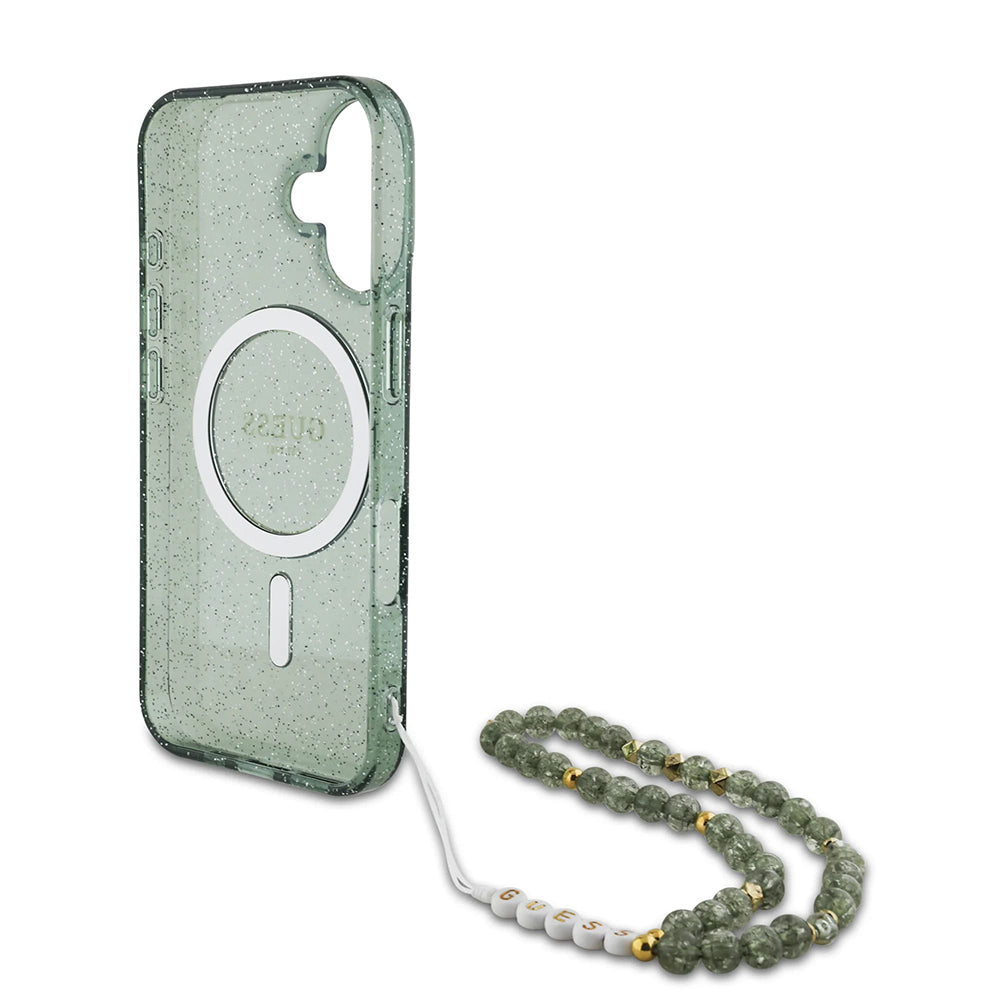 Калъф MagSafe за Apple iPhone 16 Plus, Guess, IML Glitter with Pearl Strap, Зелен