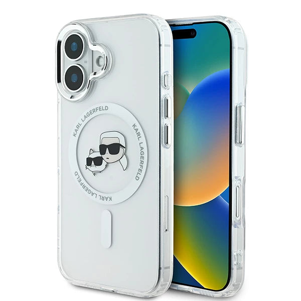 Калъф MagSafe за Apple iPhone 16 Plus, Karl Lagerfeld, IML Metal Karl & Choupette's Heads, Бял