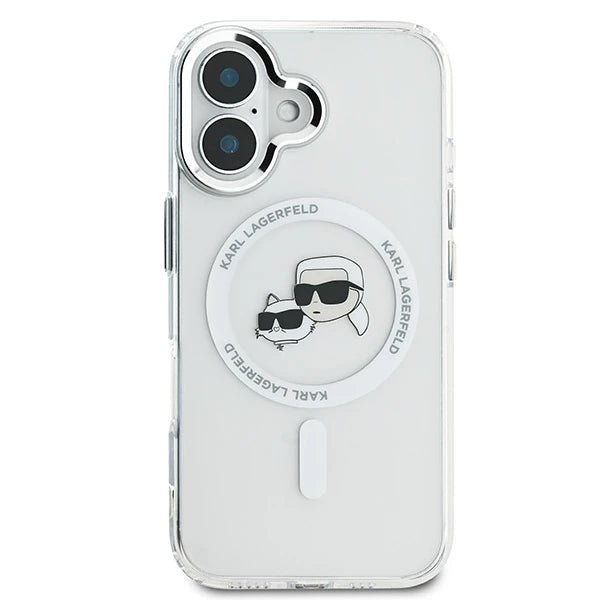 Калъф MagSafe за Apple iPhone 16 Plus, Karl Lagerfeld, IML Metal Karl & Choupette's Heads, Бял