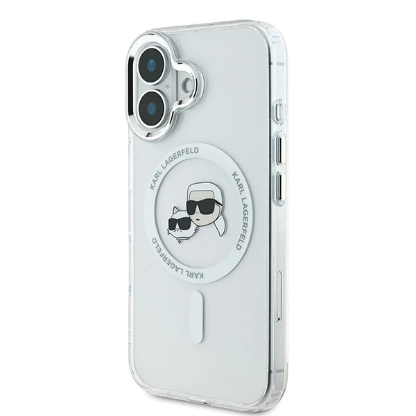 Калъф MagSafe за Apple iPhone 16 Plus, Karl Lagerfeld, IML Metal Karl & Choupette's Heads, Бял