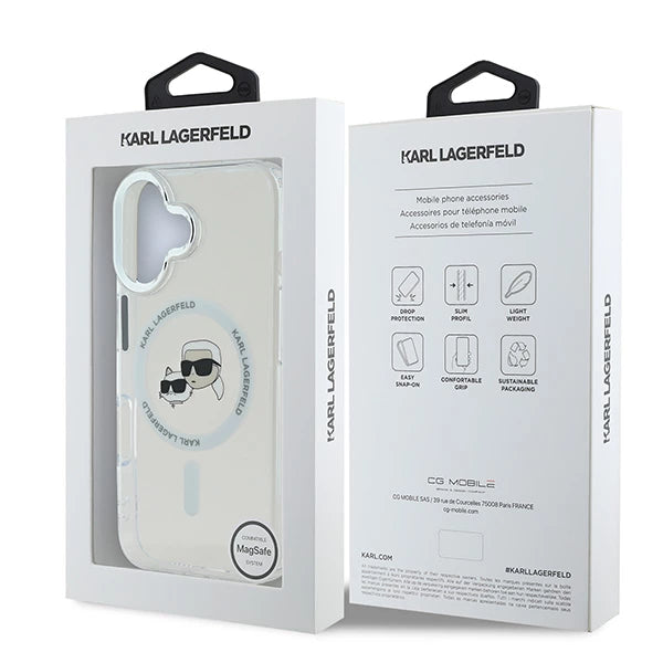 Калъф MagSafe за Apple iPhone 16 Plus, Karl Lagerfeld, IML Metal Karl & Choupette's Heads, Бял