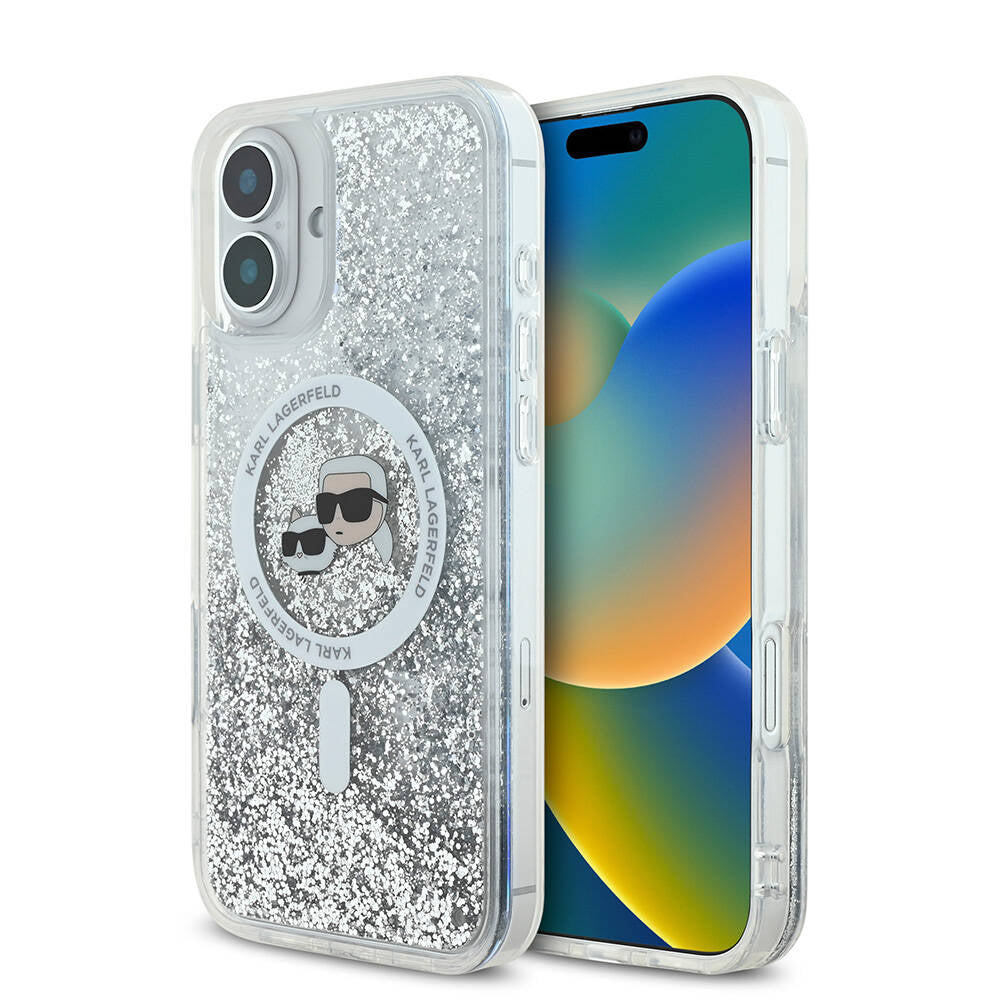 MagSafe Case for Apple iPhone 16 Plus, Karl Lagerfeld, Liquid Glitter Karl & Choupette's Heads, Transparent