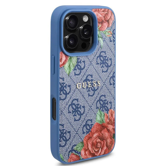 Калъф MagSafe за Apple iPhone 16 Pro, Guess, 4G Flowers Print, Син