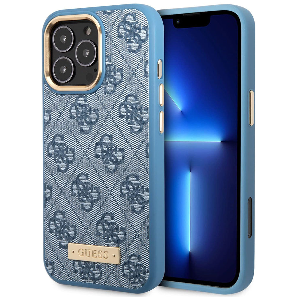 Калъф MagSafe за Apple iPhone 16 Pro, Guess, 4G Logo Plate, Син