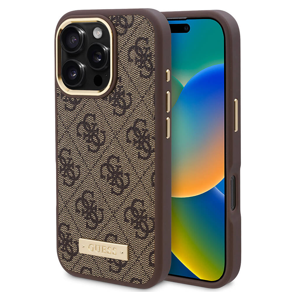 Калъф MagSafe за Apple iPhone 16 Pro, Guess, 4G Logo Plate, Кафяв