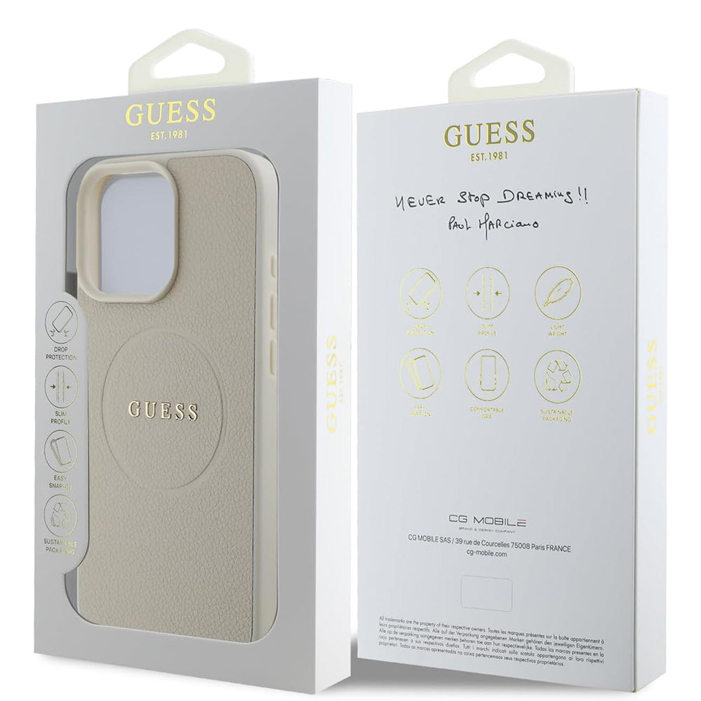 Калъф MagSafe за Apple iPhone 16 Pro, Guess, Grained Gold Ring, Бежов