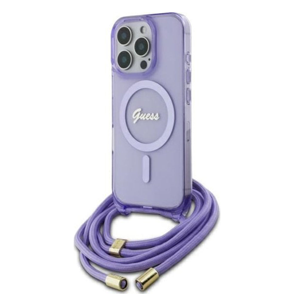 Калъф MagSafe за Apple iPhone 16 Pro, Guess, IML Crossbody Cord Script, Лилав