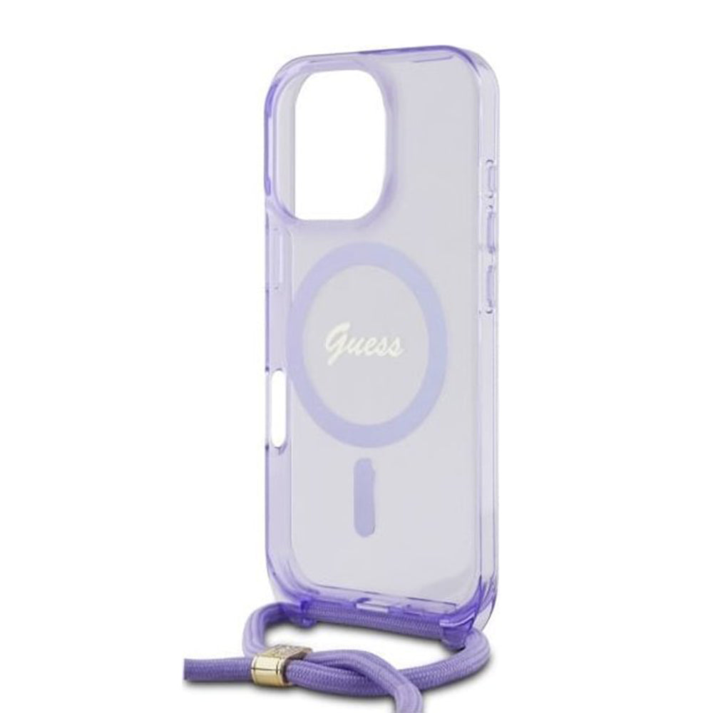 Калъф MagSafe за Apple iPhone 16 Pro, Guess, IML Crossbody Cord Script, Лилав