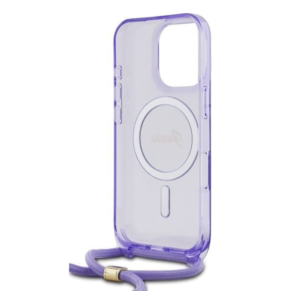 Калъф MagSafe за Apple iPhone 16 Pro, Guess, IML Crossbody Cord Script, Лилав