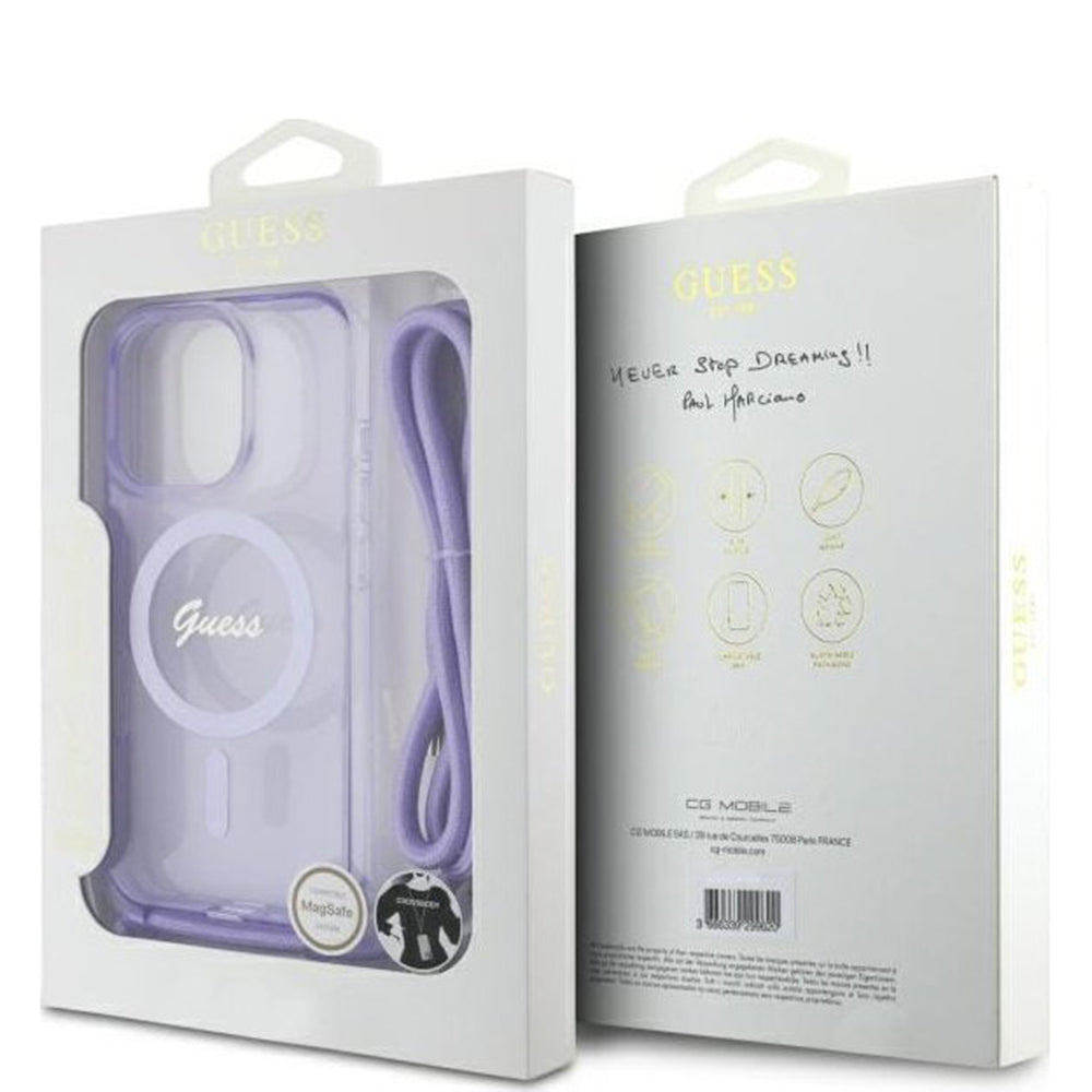 Калъф MagSafe за Apple iPhone 16 Pro, Guess, IML Crossbody Cord Script, Лилав