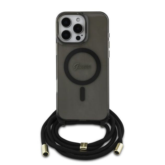 Калъф MagSafe за Apple iPhone 16 Pro, Guess, IML Crossbody Cord Script, Черен