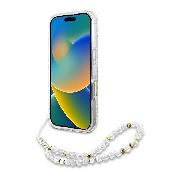 MagSafe Case for Apple iPhone 16 Pro, Guess, IML Flowers Allover Electroplated with Pearl Strap, White