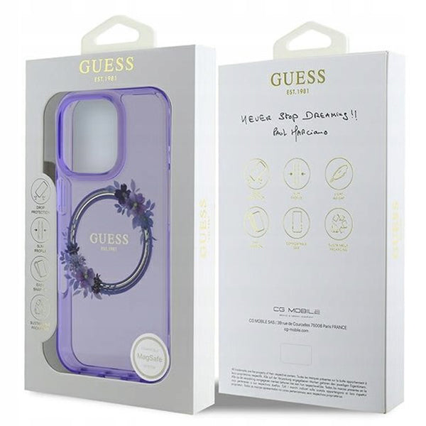 Калъф MagSafe за Apple iPhone 16 Pro, Guess, IML Flowers Wreath, Лилав
