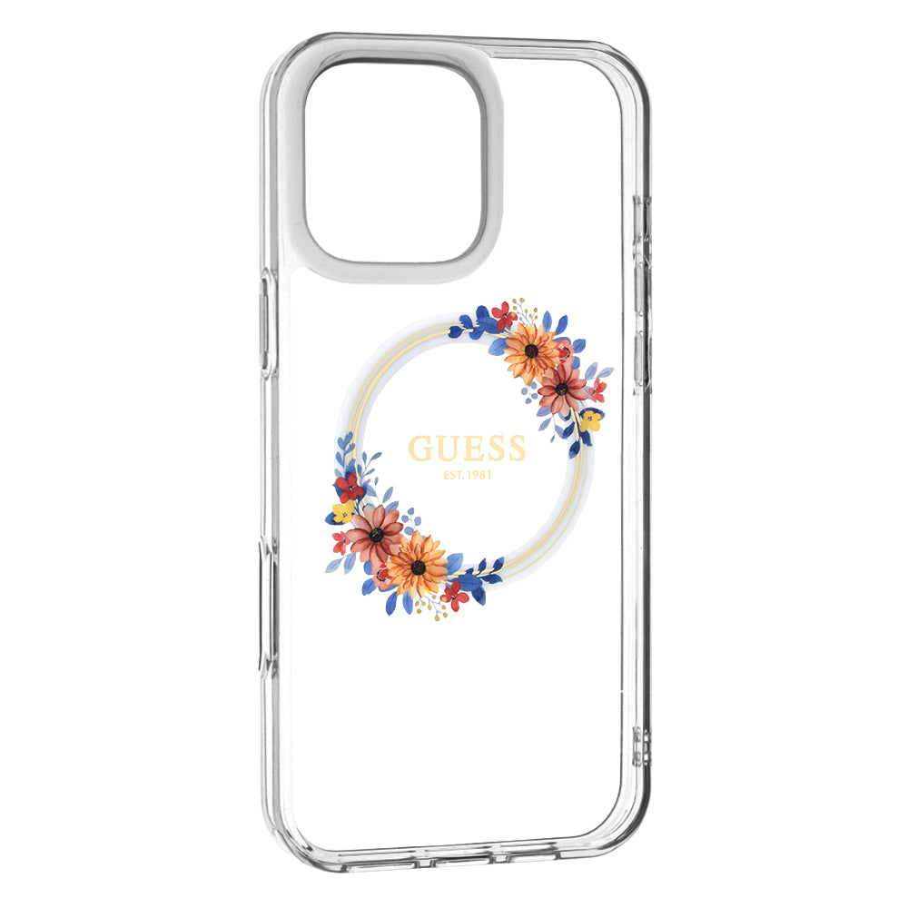 Калъф MagSafe за Apple iPhone 16 Pro, Guess, IML Flowers Wreath, Прозрачен