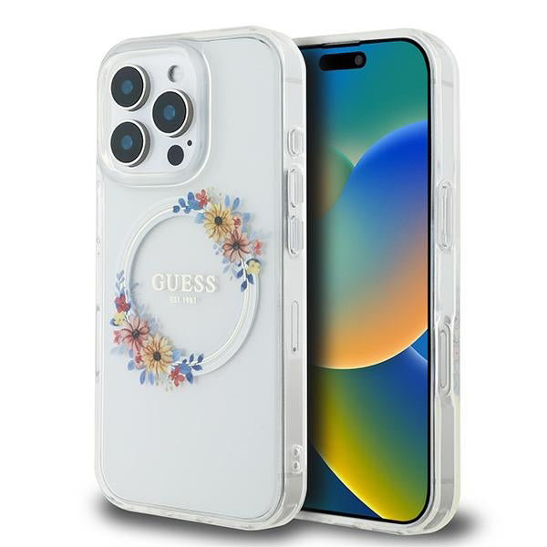 Калъф MagSafe за Apple iPhone 16 Pro, Guess, IML Flowers Wreath, Прозрачен
