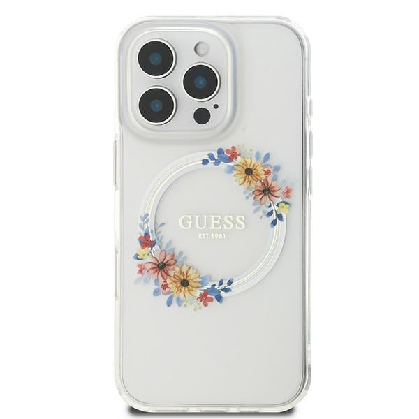 Калъф MagSafe за Apple iPhone 16 Pro, Guess, IML Flowers Wreath, Прозрачен
