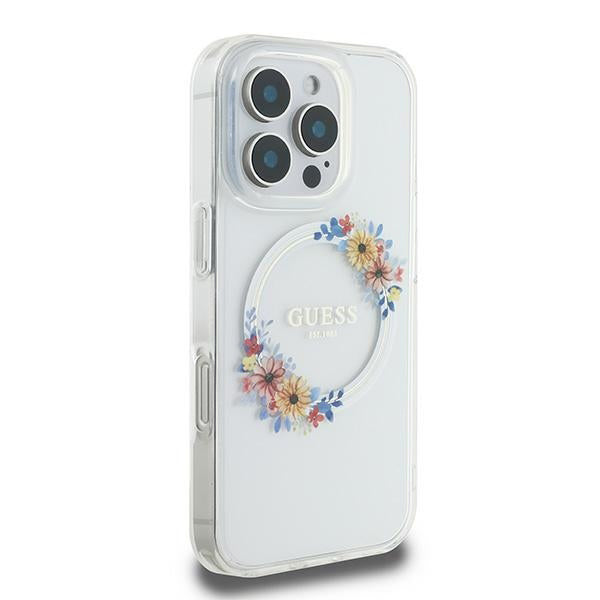 Калъф MagSafe за Apple iPhone 16 Pro, Guess, IML Flowers Wreath, Прозрачен