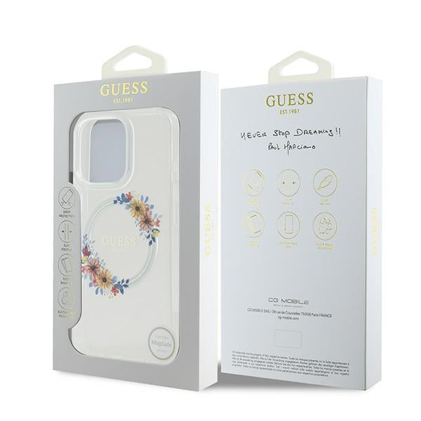 Калъф MagSafe за Apple iPhone 16 Pro, Guess, IML Flowers Wreath, Прозрачен
