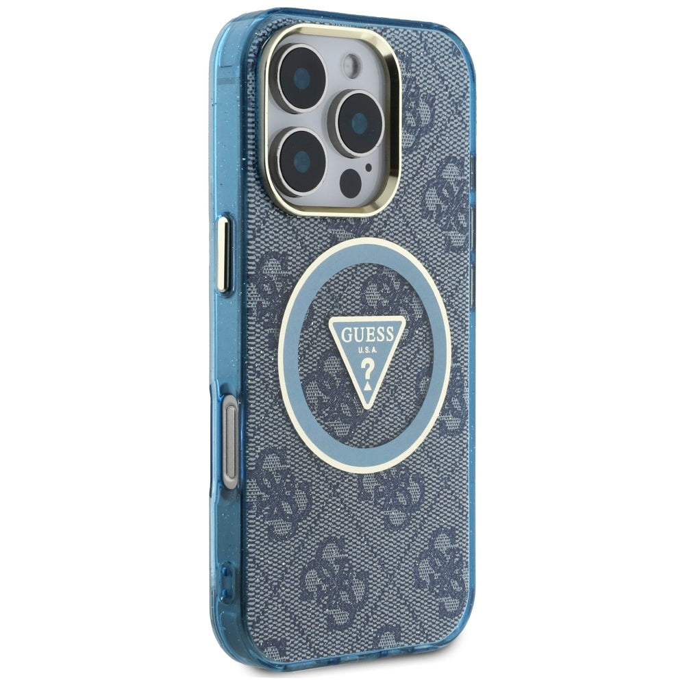 Калъф MagSafe за Apple iPhone 16 Pro, Guess, IML Glitter 4G Circle Triangle, Син