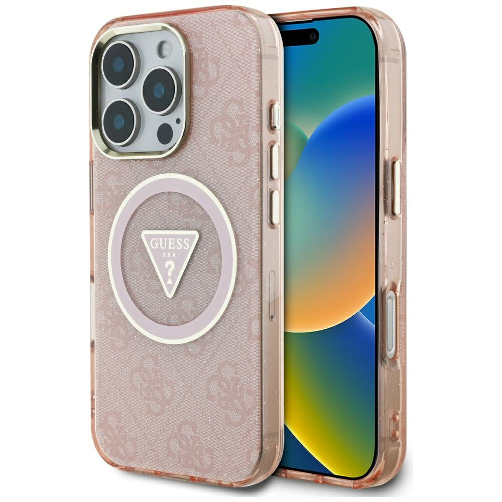 Калъф MagSafe за Apple iPhone 16 Pro, Guess, IML Glitter 4G Circle Triangle, Розов