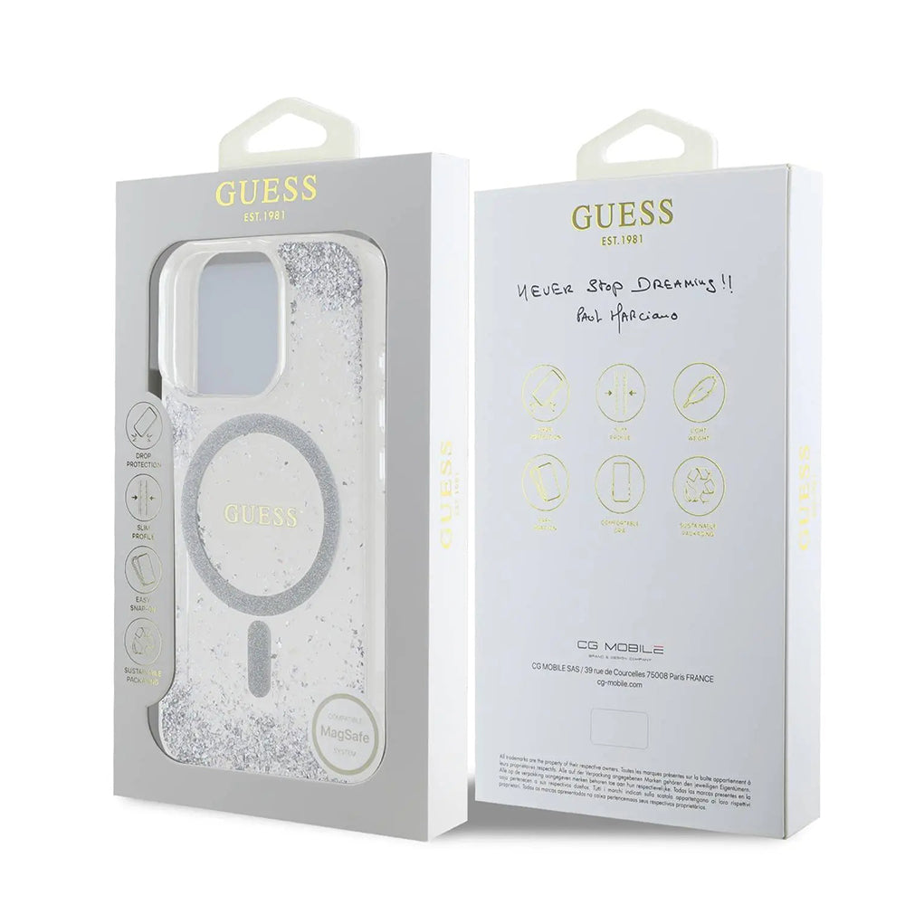Калъф MagSafe за Apple iPhone 16 Pro, Guess, IML Glitter Gradient, Сребрист